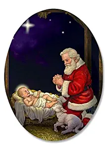 Kneeling Santa in Manger Humble Adoration Infant Christ 3-Inch Oval Magnet