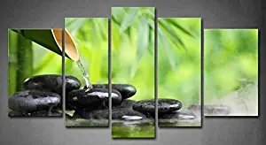 5 Panel Wall Art Green Spa Still Life with Bamboo Fountain and Zen Stone in Water Painting The Picture Print On Canvas Botanical Pictures for Home Decor Decoration Gift Piece
