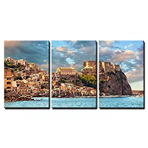 wall26 - 3 Piece Canvas Wall Art - Scilla, Castle on The Rock in Calabria During Sunset, Italy - Modern Home Decor Stretched and Framed Ready to Hang - 16"x24"x3 Panels