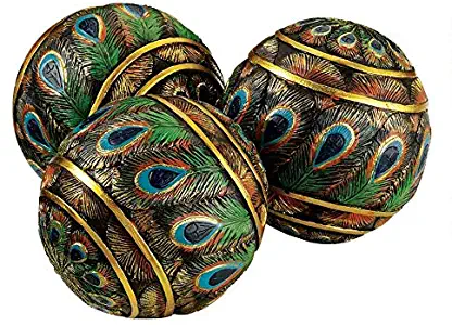 Design Toscano Peacock Feathered Orbs Decorative Accent Balls, 3 Inch, Set of Three, Full Color