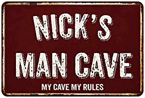 NICK'S Man Cave Sign Decor Personalized Accessories Bar Beer BBQ Car Dad's Father's Decorations Garage Funny Garages Home Mechanic Pub Rustic Tin 8 x 12 Matte Finish Metal Sign 108120003095
