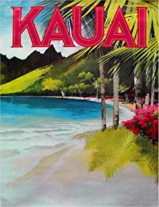 MAGNET 3x4 inch Vintage Art KAUAI Island STICKER - hawaii hi hawaiian travel island sea Magnetic vinyl bumper sticker sticks to any metal fridge, car, signs