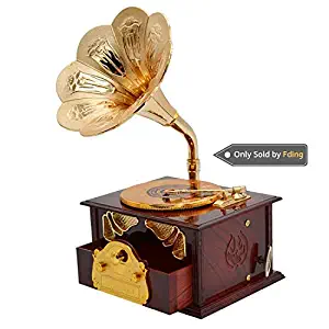 Fding Classical Trumpet Horn Turntable Gramophone Art Disc Music Box & Make up Case &Jewelry Box Home Decor (Brown)