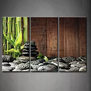3 Panel Wall Art Green Spa Concept Bamboo Grove Black Zen Stones Old Wooden Background Painting Pictures Print On Canvas Botanical Picture For Modern Decoration Stretched By Wooden Frame Ready To Hang
