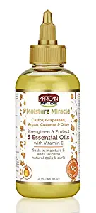 African Pride Moisture Miracle 5 Essential Oils - Contains Castor, Grapeseed, Argan, Coconut & Olive Oil, Seals in Moisture & Adds Shine, Vitamin E, 4 oz