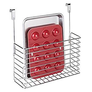 mDesign Metal Over Cabinet Kitchen Storage Organizer Holder or Basket - Hang Over Cabinet Doors in Kitchen/Pantry - Holds Bakeware, Cookbook, Cleaning Supplies - Steel Wire in Chrome