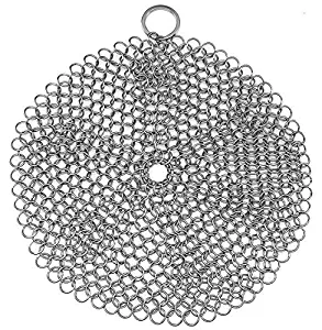 Stainless Steel Cast Iron Skillet Cleaner Chainmail Cleaning Scrubber With Hanging Ring for Cast Iron Pan,Pre-Seasoned Pan,Griddle Pans, BBQ Grills and More Pot Cookware-Round 7 Inch Diameter