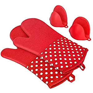 KEDSUM Heat Resistant Silicone Oven Mitts, 1 Pair of Extra Long Potholder Gloves with Bonus 1 Pair of Mini Cooking Pinch Grips, Non-Slip Cotton Lining Kitchen Glove for Baking, Barbeque, Red