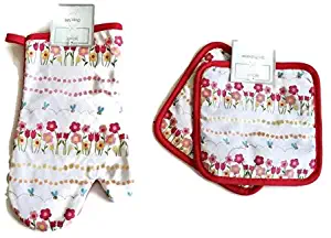 Summer Time Flowers and bee's 3 Piece Linen Bundle Package Oven Mitt (1) Pot Holders (2)