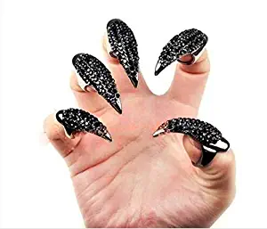 Bestga 10 PCS Halloween Costume Claws Fake Nails Ring Set, Gothic Punk 3 Sizes Crystal Full Finger Rings Paved Paw Bend Fingertip Fingernail Claw Girls Women Men Ring False Easy Long Nails Black