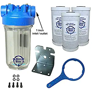 KleenWater Premier Chlorine Whole House Water Filter System - 1 Inch Inlet/Outlet - Transparent Housing - 4 GPM with Bracket, Wrench and Three Carbon Block Cartridges