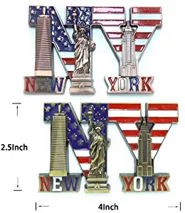 NY Letter Shaped USA Flag New York Freedom Tower, Statue of Liberty & Empire State Building NY Souvenir Metal Fridge Magnets- Set of 2