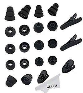 ALXCD Replacement Ear Tips & Clips for In-Ear Earphone, S/M/L Sizes & Double/Triple Flange 9 Pairs Silicone Replacement Earbud Tips Eartips Adapter & 4 Pcs Long/Short Earphone Wire Clip (Black 18+4)