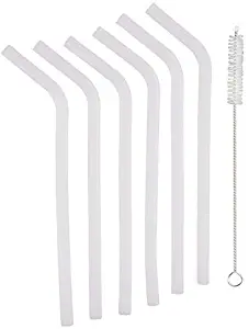 Stephanie Lane - Silicone 9.5" Tall 7mm Diameter Straws, 6 pk with Straw Cleaning Brush, Clear, Eco-Friendly, no BPA , Beverages, See Through Clean, Dishwasher Safe