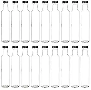 Nakpunar 18 pcs, 8 oz Cylinder Wide Mouth Glass Bottles with Black Cap - Dorica Style, Straight Sided - for Oil, Sauces, Milk, Water, Beverages