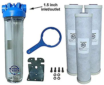 KleenWater Premier4520CL Chlorine Whole House Water Filter System - 1.5 Inch Inlet/Outlet - Transparent Housing - 7 GPM with Bracket, Wrench and Three 4.5 x 20 Chlorine Removal Cartridges