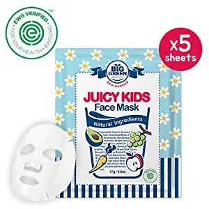 Big Green Natural Juicy Kids Face Mask - 5 Sheets, EWG VERIFIED, Soothing,Healing-Moisturizing,Calming,Ecocert Certified Squalane,Vitamins & Mineral