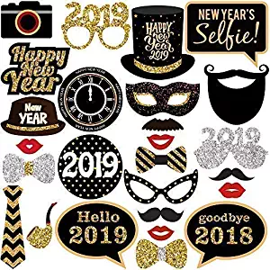 New Years Photo Booth Props– Pack of 27, Real Glitter | 2019 New Years Eve Photobooth Props Decorations | Great for New Years eve Party Supplies 2019 | New Years Decorations for 10 50, DIY Required