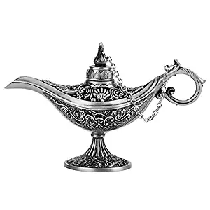 Alemozala Metal Carved Aladdin Lamp Magic Vintage Home Tea Oil Pot Arabian Art Craft Gift Rare Retro Legend Color Aladdin Genie Light Wishing Lamp Pot Collectable (Old Silver)