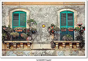 Barewalls Beautiful Vintage Balcony with Colorful Flowers and Doors Paper Print Wall Art (16in. x 24in.)