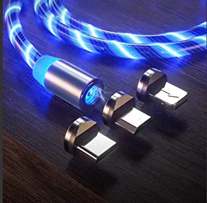 LED Flowing Magnetic Charger Cable Light Up Shining Charger Phone Charging Cable Magnetic USB Snap Quick Connect 3 in 1 USB Cable (1 Cable+3 Magnetic Plugs)