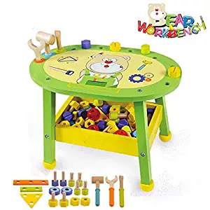 Beebeerun Kids Workbench Wooden Bear Master Workshop| Award Winning Kid's Wooden Tool Bench Toy Pretend Play Creative Building Set, Solid Wood Toy Workbench Includes Tool Building Set