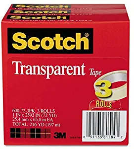 Scotch 600723PK Transparent Tape 600 72 3PK, 1-Inch x 2592-Inch, 3-Inch Core, Transparent, 3/Pack