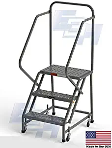 3-Step Steel Industrial Rolling Ladder, EGA L3020HKD, 16" Wide Perforated Tread, Grey, 450lb. Capacity, KD Handrail