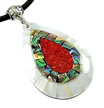 Swimmi Handmade 2.4" Red Coral Mother of Pearl Abalone Shell Necklace 16" to 27" ;CA423