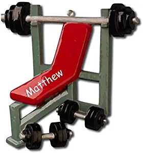 Personalized Weight Lifting and Exercise Bench with Free Weights Gym Equipment Hanging Christmas Tree Ornament with Custom Name