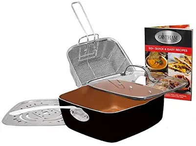 Gotham Steel Titanium Ceramic 9.5” Non-Stick Copper Deep Square Frying & Cooking Pan With Lid, Frying Basket, Steamer Tray, 4 Piece Set - Black