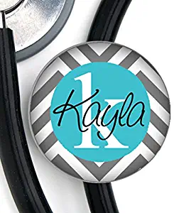 Stethoscope Tag - Grey and White Chevron/Turquoise Blue Center - Personalized Name - Steth ID Tag