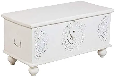 Hawthorne Collections Mina Handcarved Medallion Fully Assembled Storage Trunk/Coffee Table - White, Hand Crafted