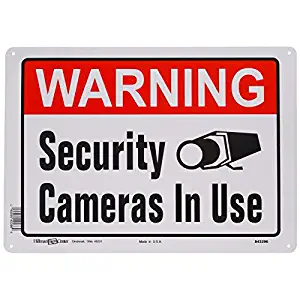 Hillman 843296 Warning Security Cameras In Use Sign, White, Red and Black Aluminum Metal, 10x14 Inches 1-Sign