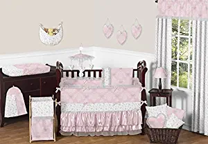 Sweet Jojo Designs 9-Piece Pink, Gray and White Shabby Chic Alexa Damask Butterfly Girls Baby Bedding Crib Set with Bumper