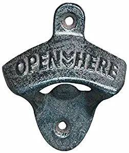 LAUYOO Wall Mounted Bottle Opener with Free Mounting Screws Rustic Farmhouse Cafe Bar Cast Iron Open Beer and Soda in Style Easily, Open here Metal Retro Cap Catcher