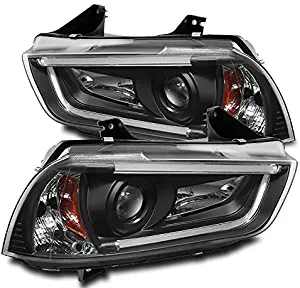 ZMAUTOPARTS LED DRL Bar Tube Projector Headlights Headlamps Black For 2011-2014 Dodge Charger [HID Models]