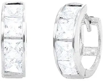 Ritastephens Sterling Silver Princess-cut Cubic Zirconia Huggy Hoops Huggies Hoop Earrings 4x12.5 Mm