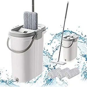 BOOMJOY Microfiber Flat Mop with Bucket, Cleaning Squeeze Hand Free Floor Mop, 3 Reusable Mop Pads, Stainless Steel Handle, Extra Large, Gray