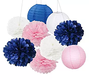 Furuix 9 pcs White Navy Pink 10inch Tissue Paper Pom Pom Paper Lanterns for Nautical Party Decorations Navy Blue Themed Party Wedding, Baby Shower Decoration Navy & Pink Nursery Room Decoration