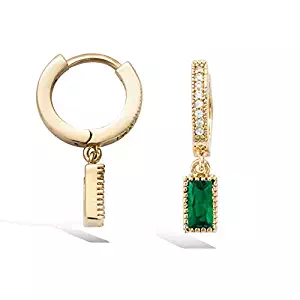 Agvana 925 Sterling Silver Small Huggie Hoop Earrings Gold Plated Created Emerald/Sapphire CZ Tiny Dangle Drop Earrings for Women Diameter 12mm