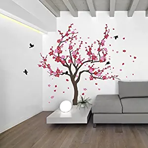 Elma332Tuttle Japanese Cherry Blossom Tree and Birds Wall Decal Sticker for Flower Baby Nursery Room Decor Art (Red & Pink, 60x90 inches)