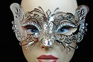 Laser Cut Venetian Halloween Masquerade Mask Costume Extravagant and Elegant Cat Detailed Inspire Design - Silver w/ Rhinestones