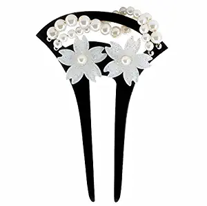 FINGER LOVE Acrylic Geisha 2-Prong Hair Stick Fork with White Flowers and Faux Pearls