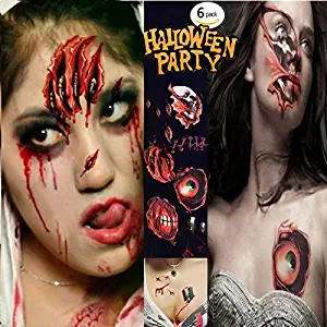 Halloween Tattoos, Scar Tattoos, Waterproof Body Face Wound Zombie Scar Wound Tattoos, Fake Blood Horror Injury Tattoo Stickers for Halloween Costume Party, Vampire Zombies Cosplay (6 Pack)