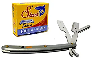 Classic Samurai Stainless Steel Professional Barber Gray Straight Edge Razor with 100 Count Shark Single Edge Razor Blades