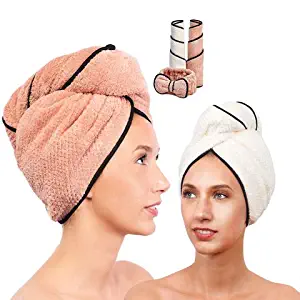 Microfiber Hair Towel for Women - Drying Twist Wrap for Curly, Long, Thin or Short Hair - Ultra Absorbent Anti Frizz Turban for Sleeping and Showering - 2 Pack plus Soft Headband - (Ivory/Pink)