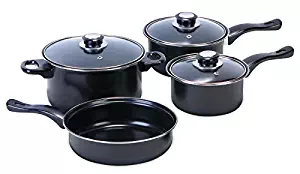 Euro-Ware 408 Essential Modern 7 Piece Non-Stick Carbon Steel Cookware Set with Glass Lids, Multiple Sizes, Black