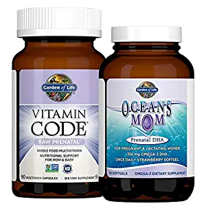 Garden of Life Prenatal Multi + DHA Bundle: Vitamin Code Raw Prenatal Multivitamin with Folate, 90 Vegetarian Capsules Plus Oceans Mom DHA Once Daily, 350mg DHA Fish Oil, 30 Strawberry Softgels