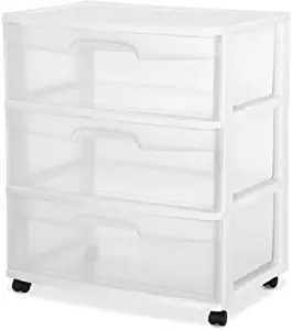 STERILITE 29308001 Wide 3 Drawer Cart, White Frame with Clear Drawers and Black Casters